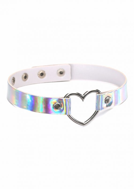 Choker zilver leer holografisch iridescent hartje