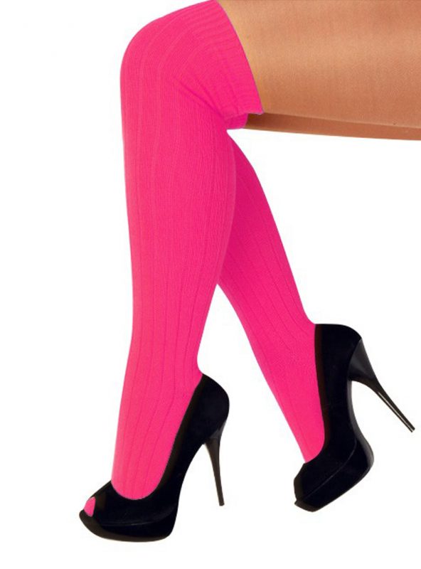 Kniekousen neon roze lange sokken gebreid