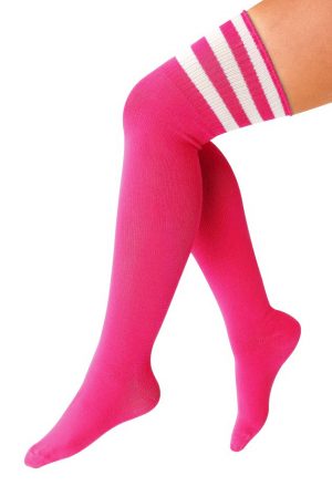 Kniekousen overknee sokken neon roze streepjes