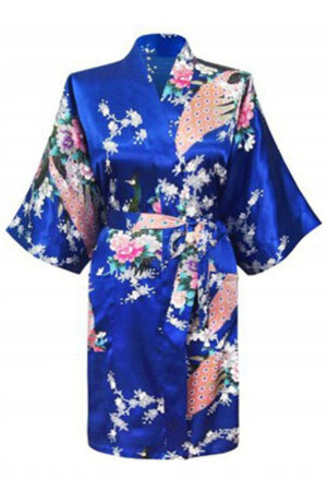Konings Blauwe Korte Kimono Satijn Japanse Badjas Kamerjas Geisha Yukata Ochtendjas