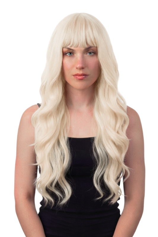 Lange Blonde Pruik Slag Blond Krul Rechte Pony Lichtblond