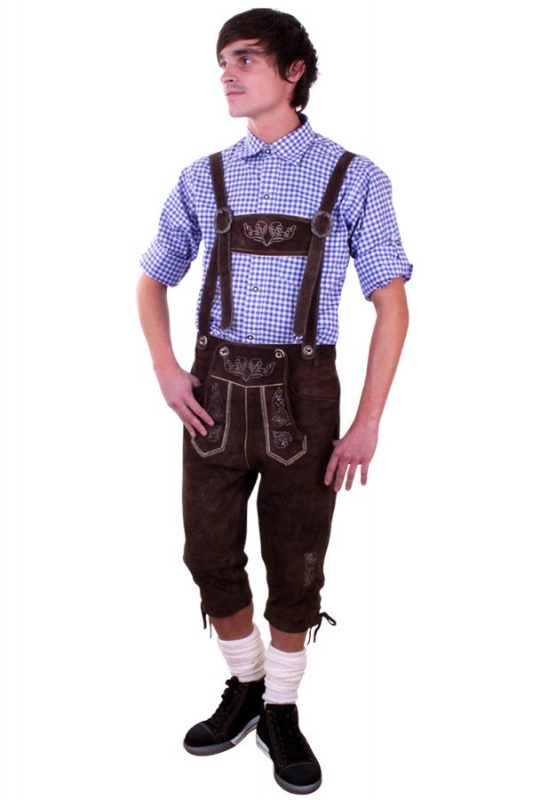 Lange donkerbruine lederhosen heren echt leer