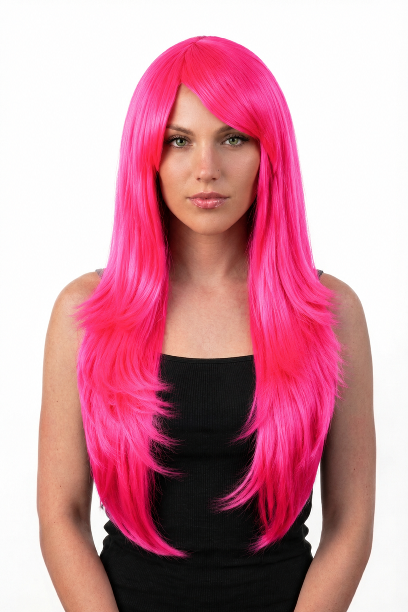 Lange Neon Roze Pruik Schuine Pony UV Unicorn Fluoriserend