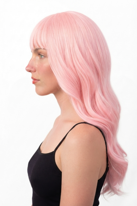 Lange Roze Pruik Slag Lichtroze Krul Rechte Pony 1