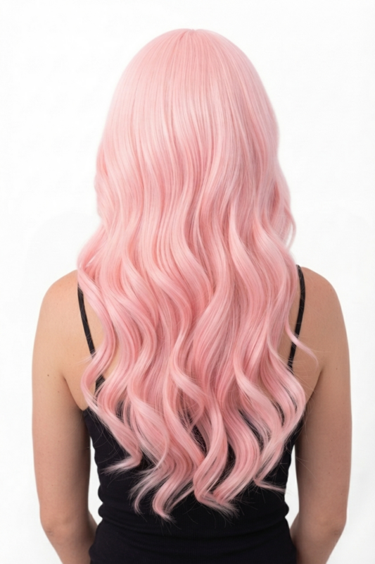 Lange Roze Pruik Slag Lichtroze Krul Rechte Pony 2
