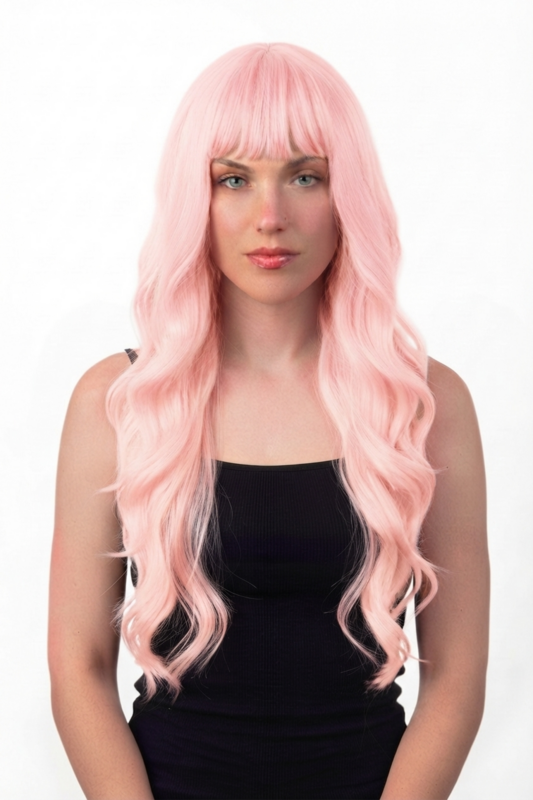 Lange Roze Pruik Slag Lichtroze Krul Rechte Pony