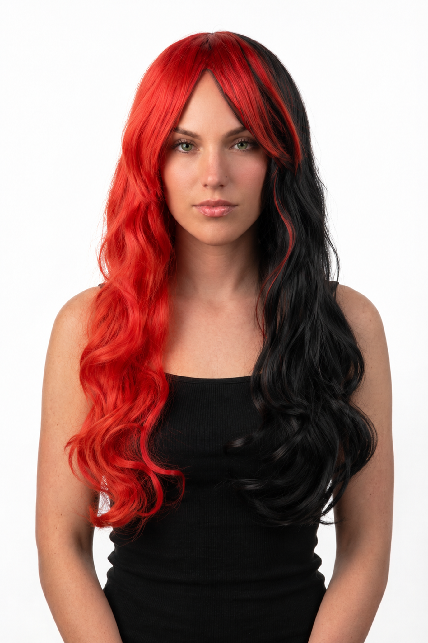 Lange Zwart Rode Pruik Curtain Bangs Pony Slag Tweekleurig Halloween