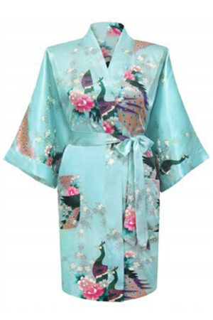 Lichtblauwe Korte Kimono Satijn Japanse Badjas Kamerjas Geisha Yukata Ochtendjas