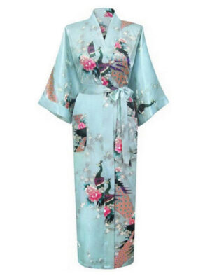Lichtblauwe kimono satijn Japanse satijnen badjas kamerjas geisha ochtendjas yukata
