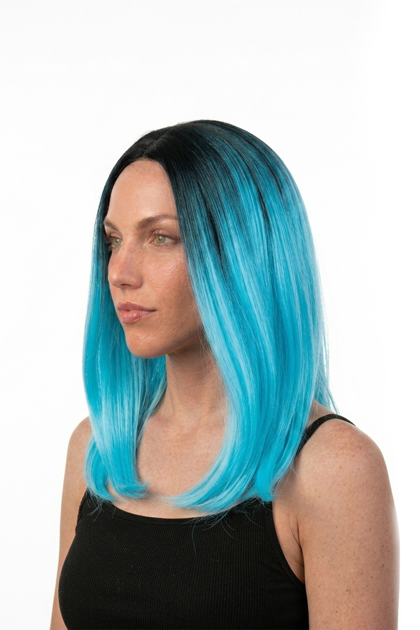 Luxe Blauwe Pruik Curtain Bangs Pony Slag Zwarte Uitgroei Halloween 1