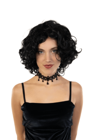 Luxe Korte Zwarte Pruik Krullen Slag Boblijn Halloween 5