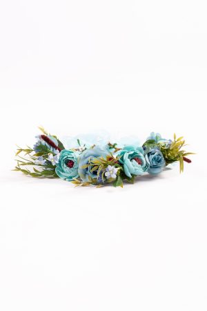Luxe bloemenkrans blauw rozen haarband