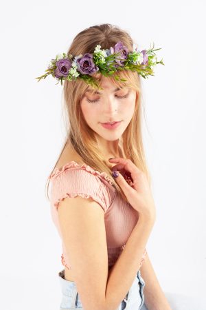 Luxe bloemenkrans paars pioenrozen haarband