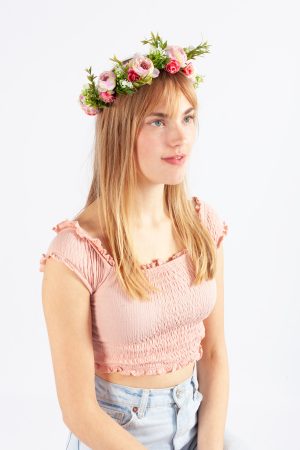 Luxe bloemenkrans roze pioenrozen haarband