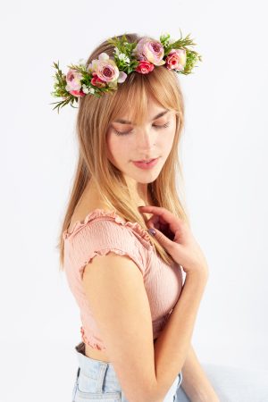 Luxe bloemenkrans roze pioenrozen haarband