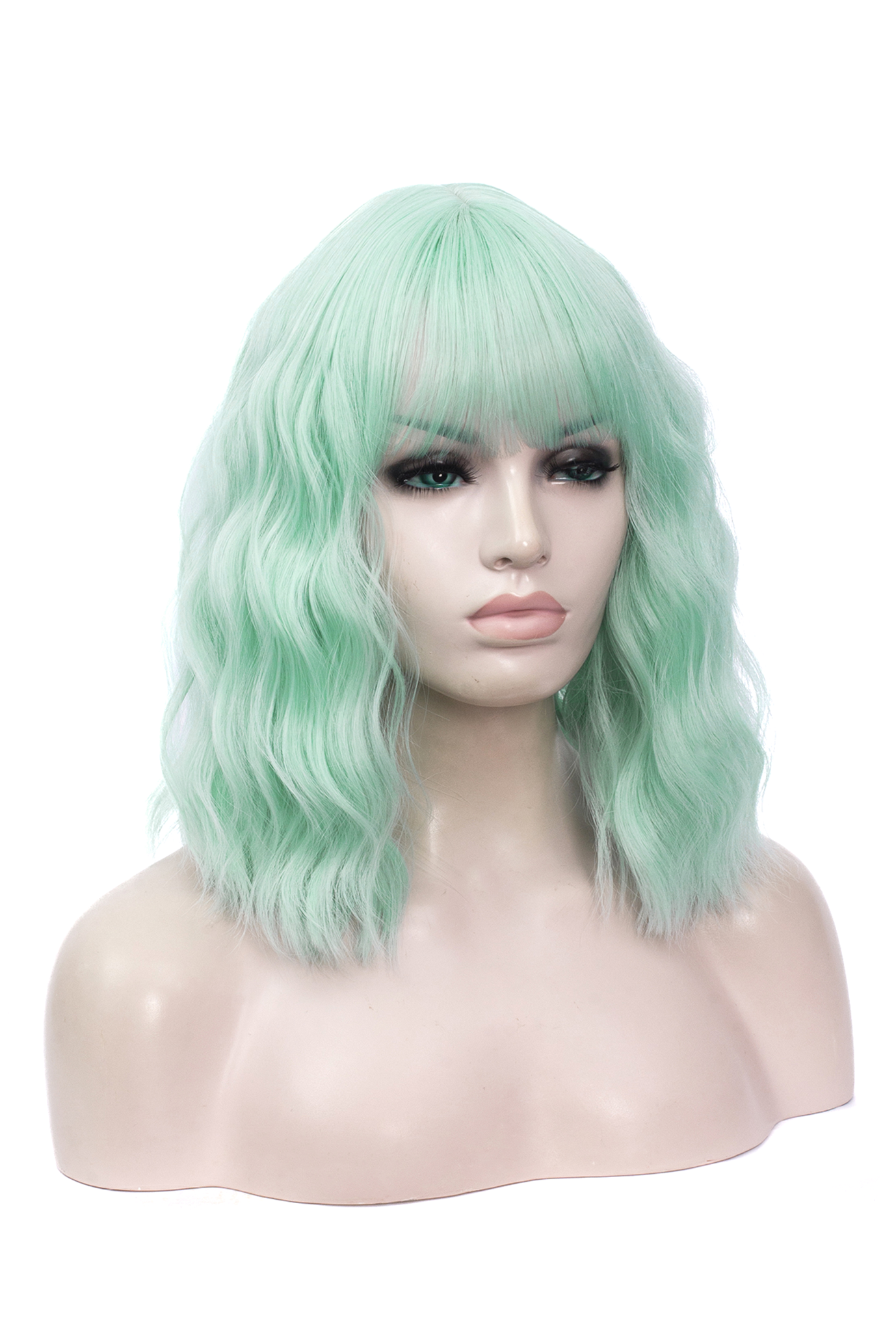 Mintgroene Pruik Schouderlengte Rechte Pony Krullen Lichtgroen 1