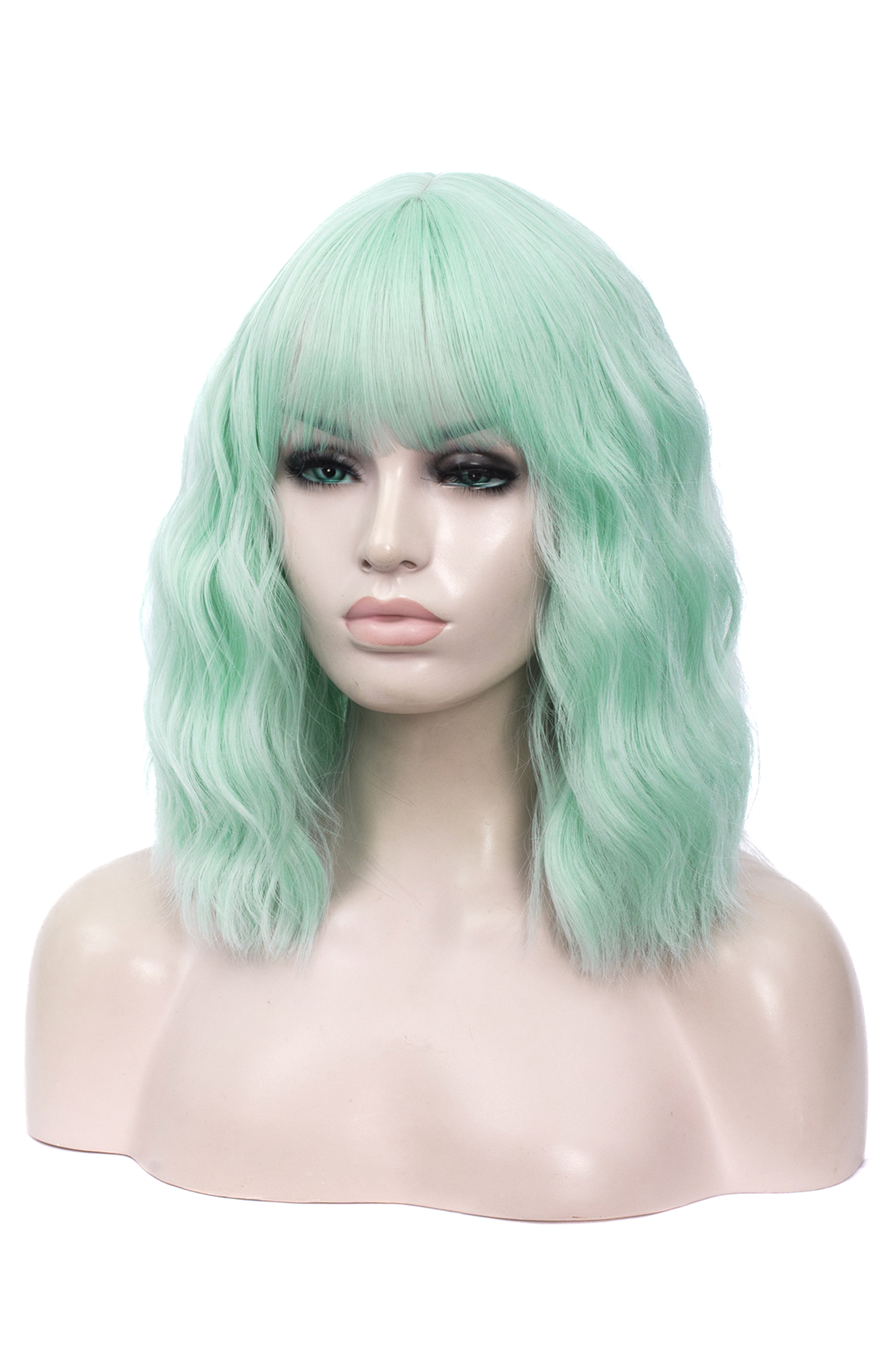Mintgroene Pruik Schouderlengte Rechte Pony Krullen Lichtgroen 2