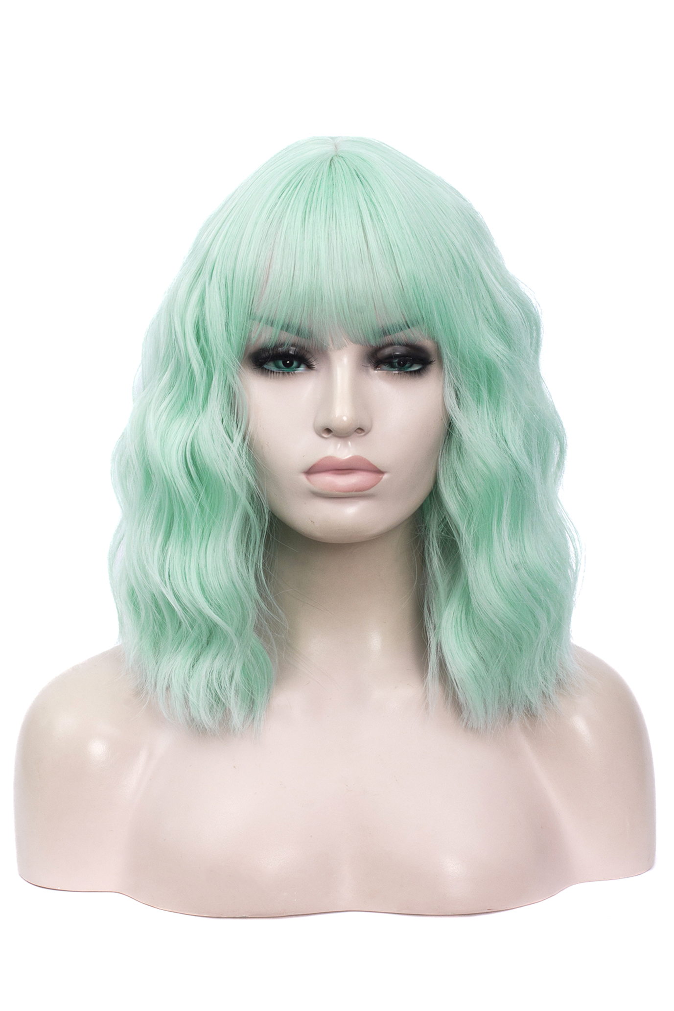 Mintgroene Pruik Schouderlengte Rechte Pony Krullen Lichtgroen
