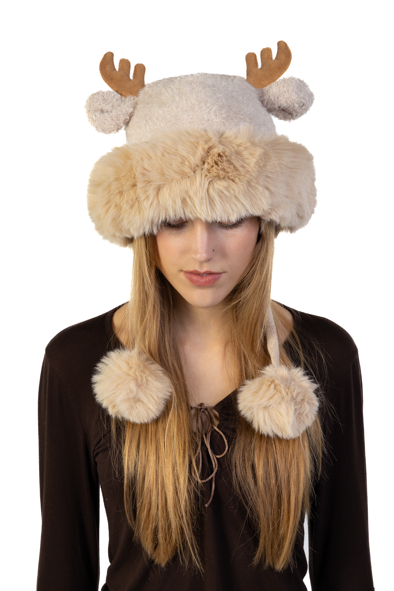 Muts Rendier Fleece Ballen Lichtbruin Hoorns Touwtjes Gewei Eland Hert 2