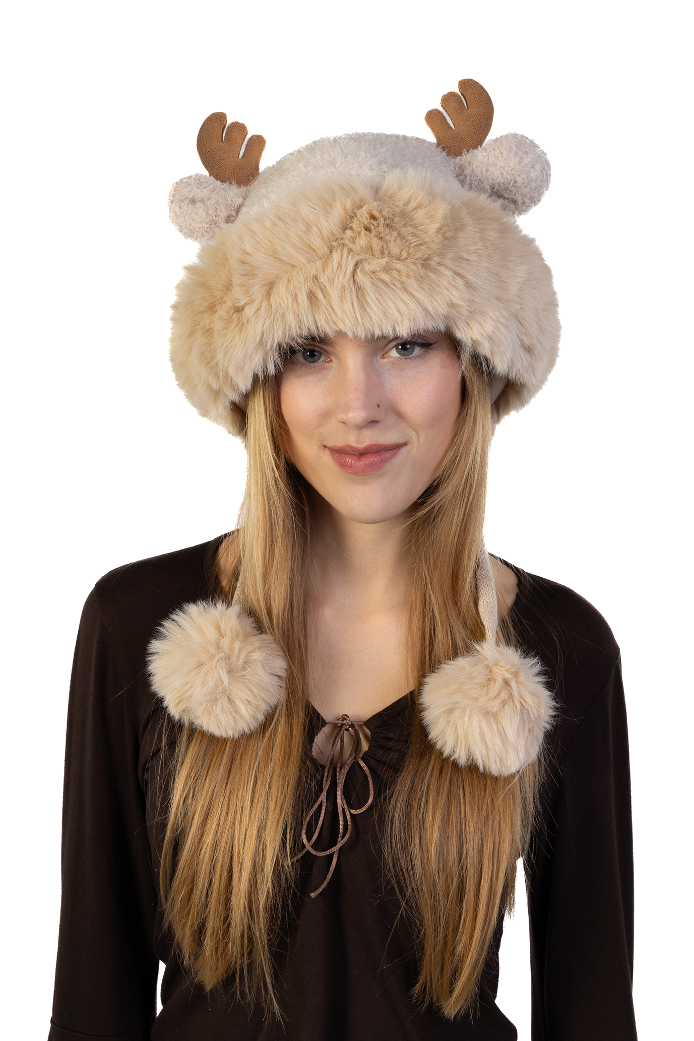 Muts Rendier Fleece Ballen Lichtbruin Hoorns Touwtjes Gewei Eland Hert