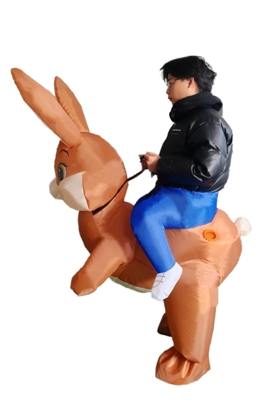 Opblaasbaar Kostuum Kinderen Rijdend op Konijn Bruin Pak Opblaas Paashaas Mascotte 2