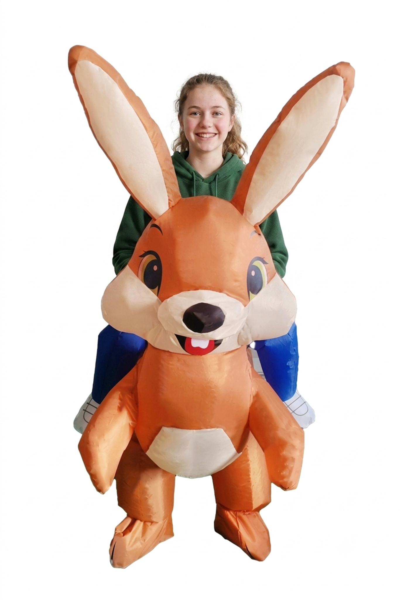 Opblaasbaar Kostuum Kinderen Rijdend op Konijn Bruin Pak Opblaas Paashaas Mascotte