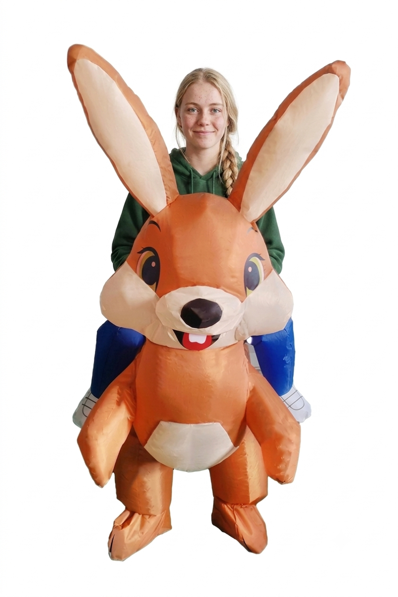 Opblaasbaar Kostuum Rijdend op Konijn Bruin Pak Opblaas Paashaas Mascotte