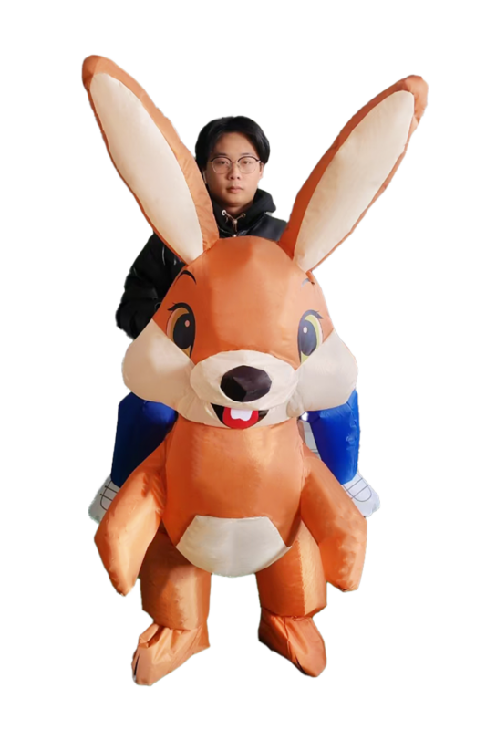 Opblaasbaar Kostuum Rijdend op Konijn Bruin Pak Opblaas Paashaas Mascotte