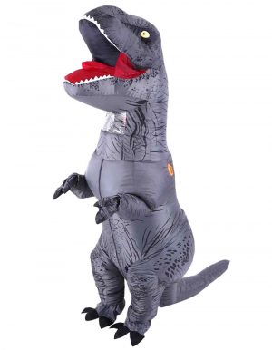 Opblaasbaar T-rex kostuum dino pak grijs Jurassic