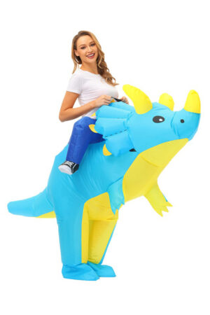 Opblaasbaar dinosaurus pak triceratops kostuum blauw