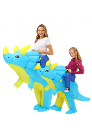 Opblaasbaar dinosaurus pak triceratops kostuum blauw