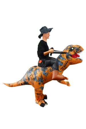 Opblaasbaar rijdend op T-rex kinder kostuum bruin dino pak kind dinosaurus opblaaspak