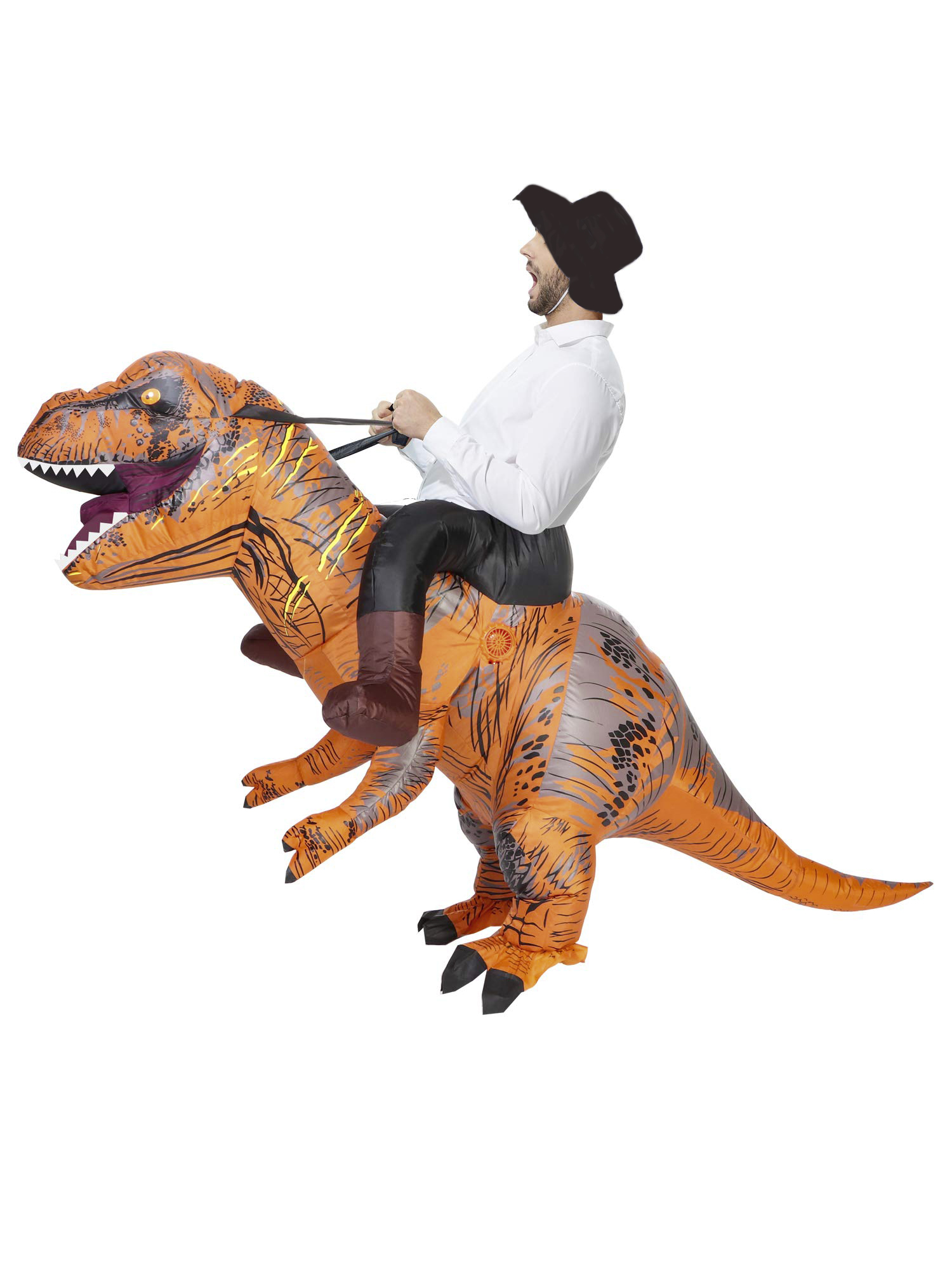 Opblaasbaar rijdend op T-rex kostuum dino bruin Jurassic World™ kopen? FeestinjeBeest.nl