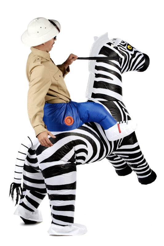 Opblaasbaar rijdend op zebra kostuum zwart-wit safari