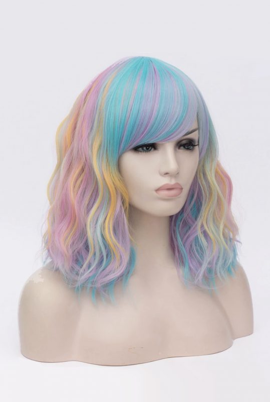 Pastel regenboog pruik unicorn schouderlengte
