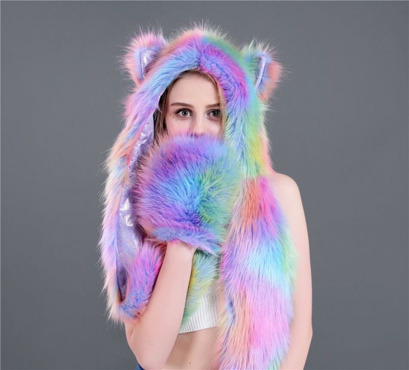 Pastel wolf muts regenboog wanten hood spirit