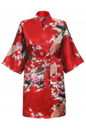 Rode Korte Kimono Satijn Japanse Badjas Kamerjas Geisha Yukata Ochtendjas