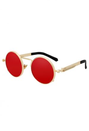 Ronde zonnebril rode glazen goud steampunk hipster
