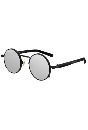 Ronde zonnebril zwart zilveren spiegelglazen hipster