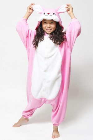 Roze konijn onesie kind pak kostuum konijnenpak