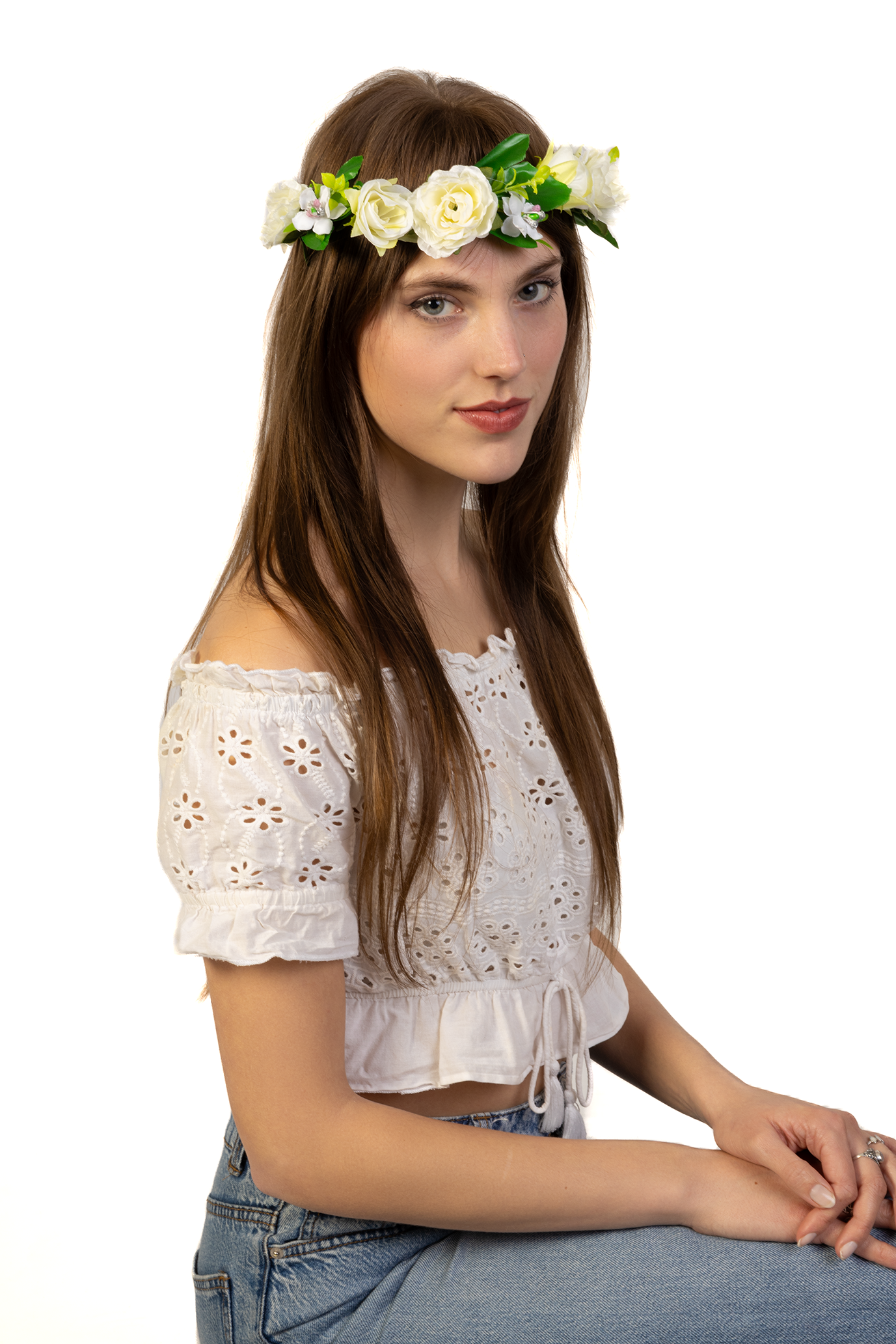 Rozenkrans Glitter Wit Haar Bloemenkrans Rozen Haarband 1