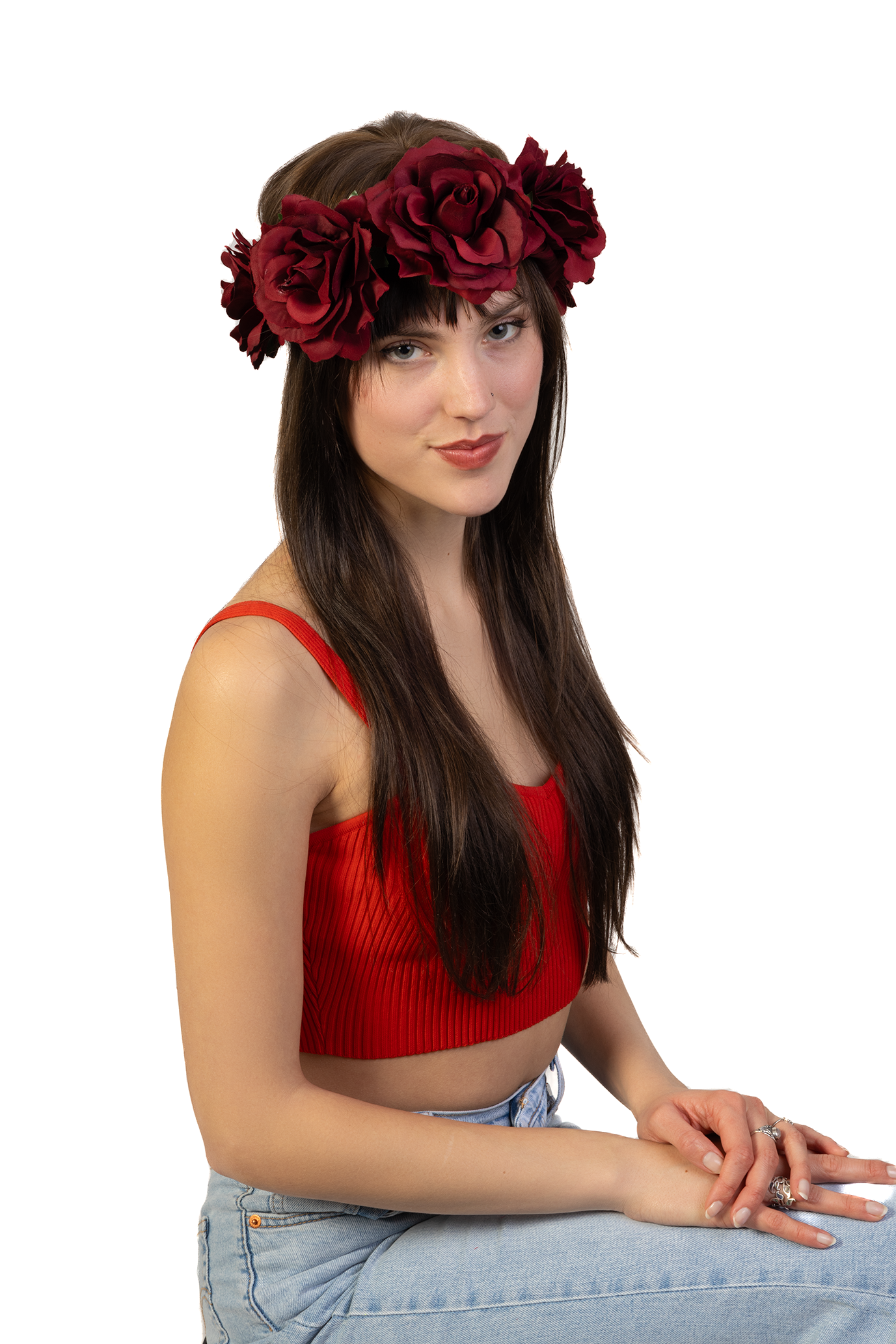 Rozenkrans haar donkerrood bloemenkrans rozen haarband elastiek 1