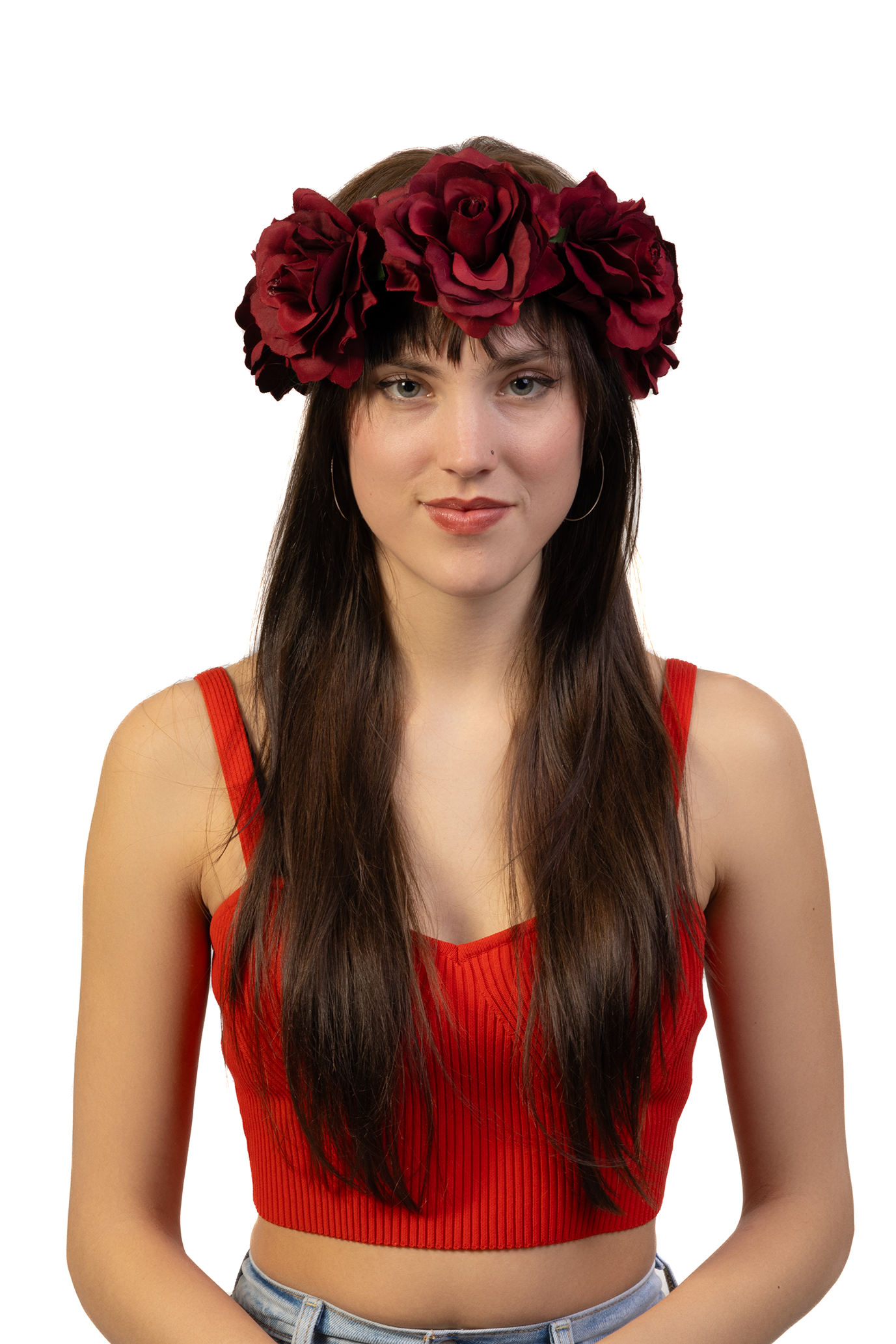 Rozenkrans haar donkerrood bloemenkrans rozen haarband elastiek 2