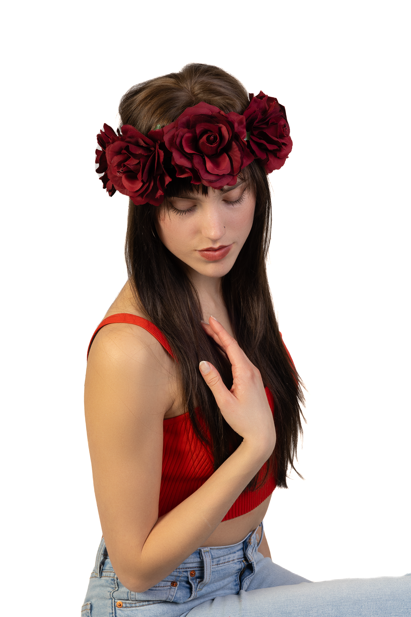 Rozenkrans haar donkerrood bloemenkrans rozen haarband elastiek