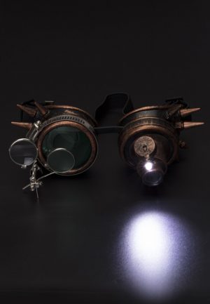 Steampunk bril goggles led lampje vergrootglas koper groen