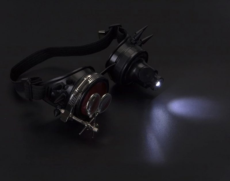 Steampunk bril goggles led lampje vergrootglas zwart roze