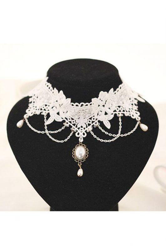Steampunk choker ketting kant wit