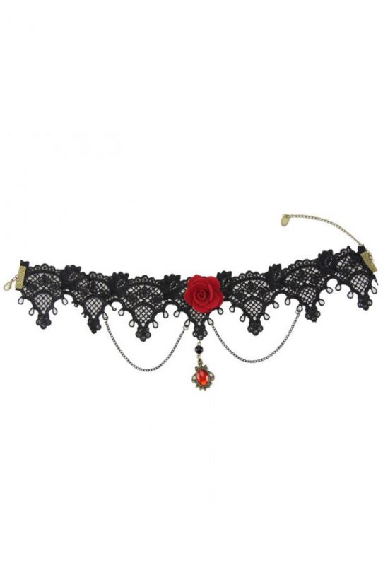 Steampunk choker ketting rode roos