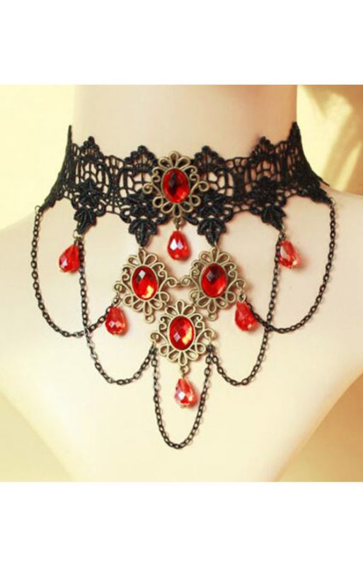 Steampunk choker ketting rode stenen