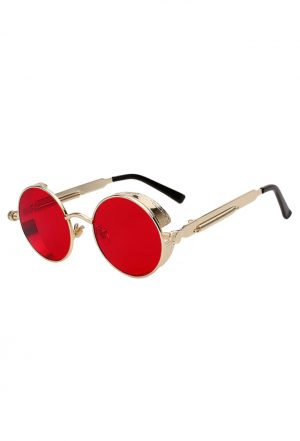 Steampunk ronde bril rode glazen goud